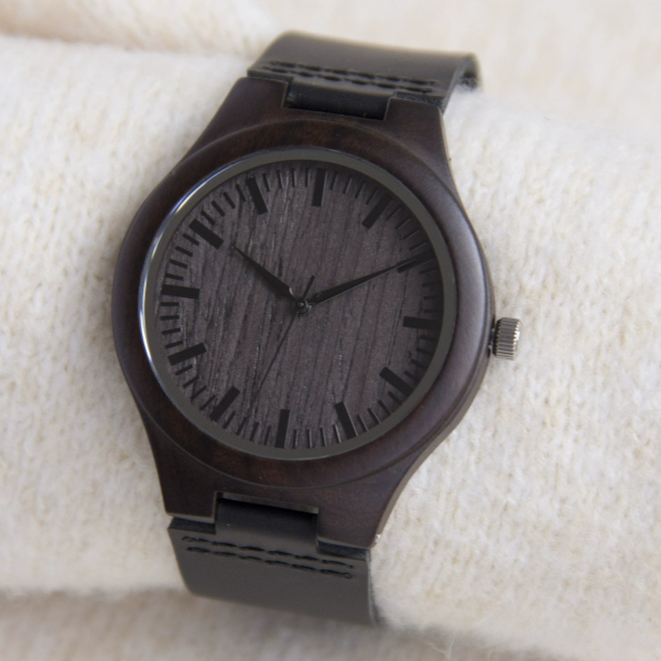mruxTHin Handcrafted Natural Ebony Wood Watch for Men - Japanese MIYOTA Movement Wooden Watch with Black Genuine Leather Strap