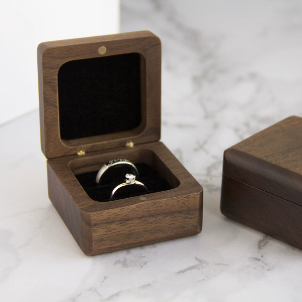 Square Solid Walnut Wood Ring Box - Handcrafted Natural Wooden Engagement & Wedding Ring Case (Single & Dual Slot)