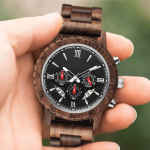 Men's Multifunction Natural Wooden Watch with Stainless Steel Accents
