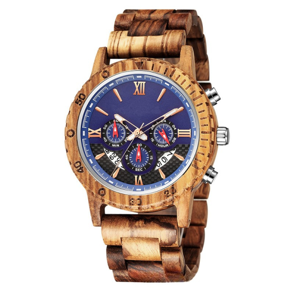 Men's Multifunction Natural Wooden Watch with Stainless Steel Accents
