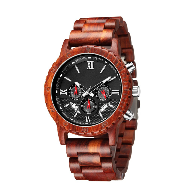 Men's Multifunction Natural Wooden Watch with Stainless Steel Accents