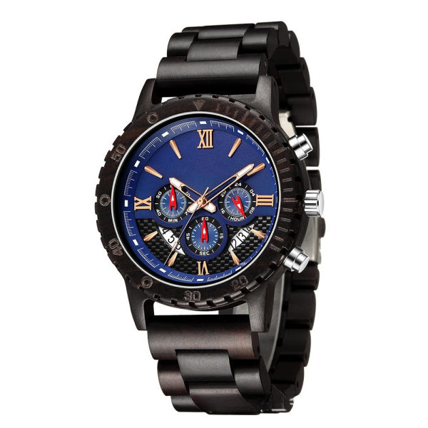 Men's Multifunction Natural Wooden Watch with Stainless Steel Accents