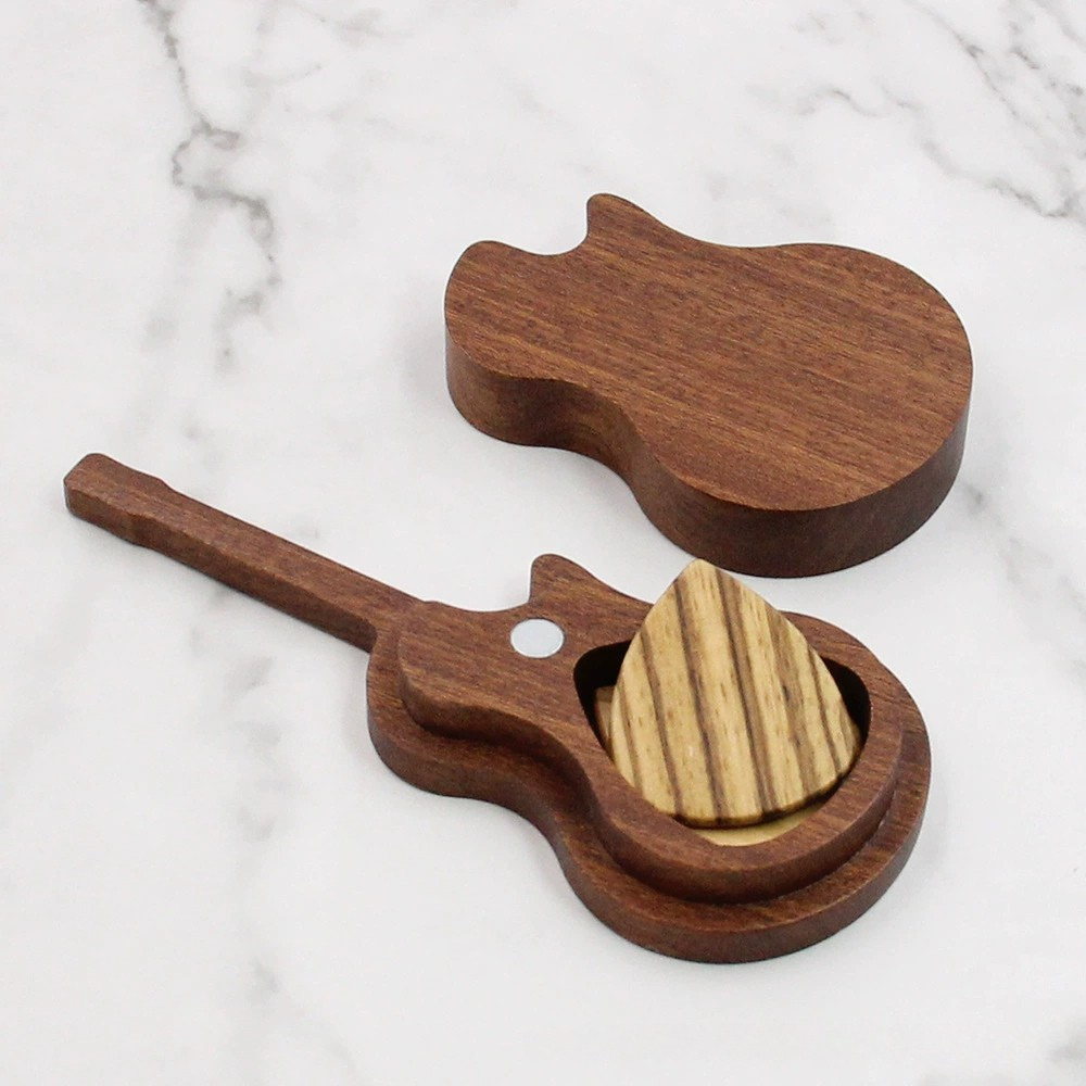 Handcrafted Guitar-Shaped Walnut Wood Pick Box with Handle - Acoustic Keepsake
