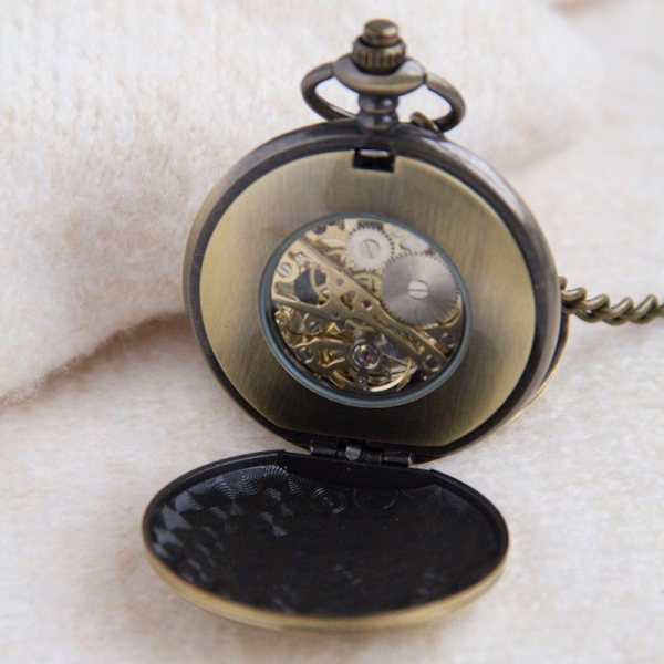怀表5-2 Distressed Vintage Skeleton Automatic Mechanical Pocket Watch with Chain