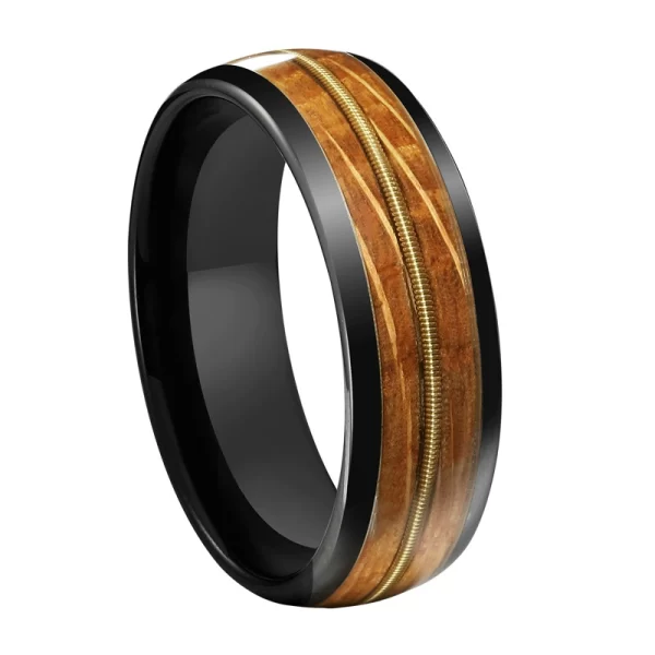 戒指13 (3) 8mm Domed Black Ceramic Ring with Guitar String & Whiskey Barrel Wood Inlay