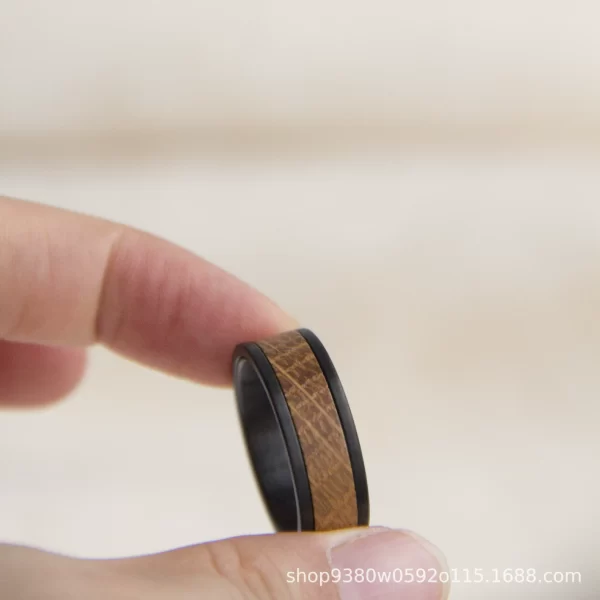 Men's 8mm Black Tungsten Carbide Ring with Authentic Whiskey Barrel Wood Inlay