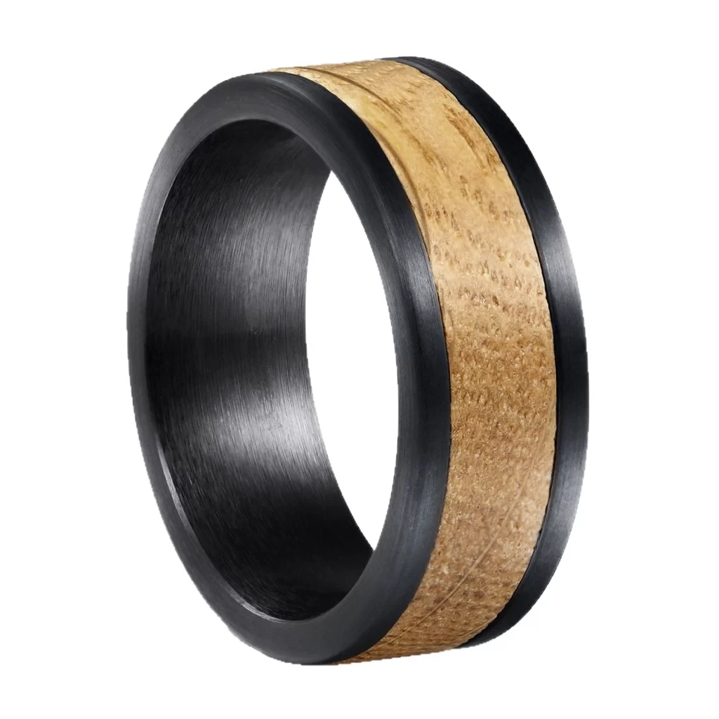 Men's 8mm Black Tungsten Carbide Ring with Authentic Whiskey Barrel Wood Inlay