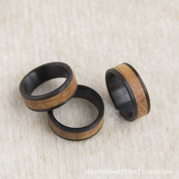 Men's 8mm Black Tungsten Carbide Ring with Authentic Whiskey Barrel Wood Inlay