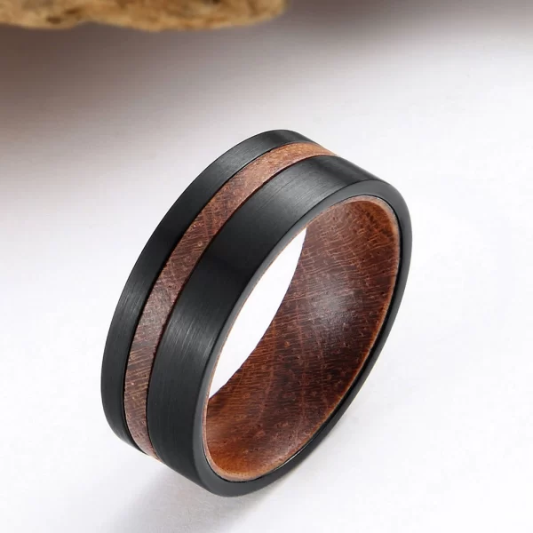 戒指4 (1) Men's 8mm Black Tungsten Carbide Ring with Natural Hardwood Inlay