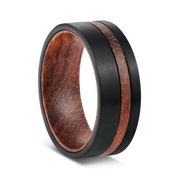 戒指4 (2) Men's 8mm Black Tungsten Carbide Ring with Natural Hardwood Inlay