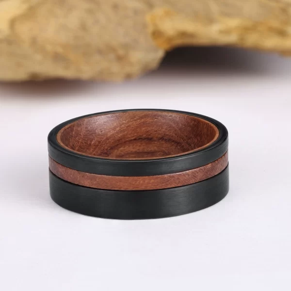 戒指4 (3) Men's 8mm Black Tungsten Carbide Ring with Natural Hardwood Inlay