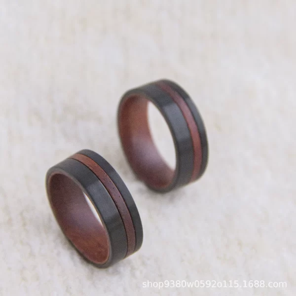 戒指4 (4) Men's 8mm Black Tungsten Carbide Ring with Natural Hardwood Inlay