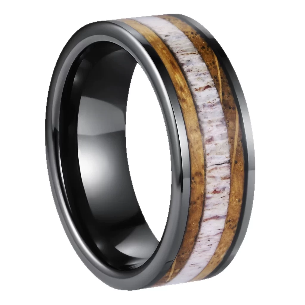 8mm Flat Black Tungsten Ring with Ceramic & Natural Wood Veneer Inlay