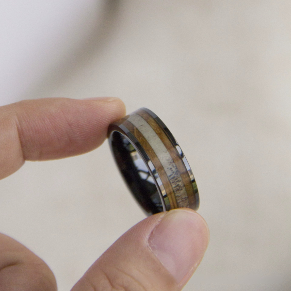 8mm Flat Black Tungsten Ring with Ceramic & Natural Wood Veneer Inlay