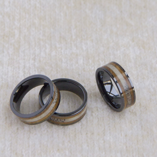 8mm Flat Black Tungsten Ring with Ceramic & Natural Wood Veneer Inlay