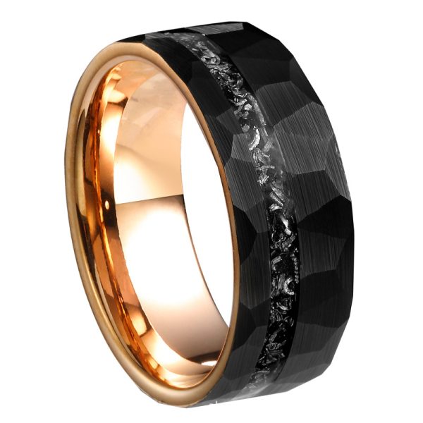 戒指6 (1) 8mm Black Hammered Tungsten Ring for Men - Sleek Textured Wedding Band