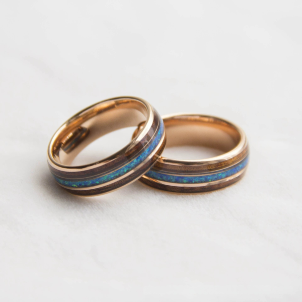戒指8-1 8mm Rose Gold Ring with Opal & Acacia Wood Inlay