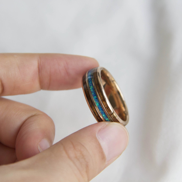 戒指8-2 8mm Rose Gold Ring with Opal & Acacia Wood Inlay