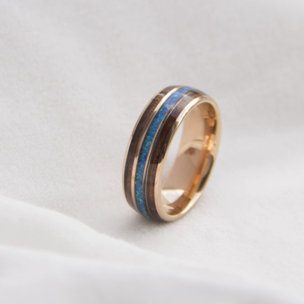 戒指8-3 8mm Rose Gold Ring with Opal & Acacia Wood Inlay