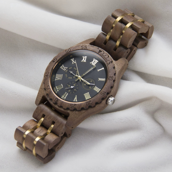 手表7 (3) Men's Solid Walnut Wood & Gold Metal Chronograph Watch with Japanese Miyota Movement