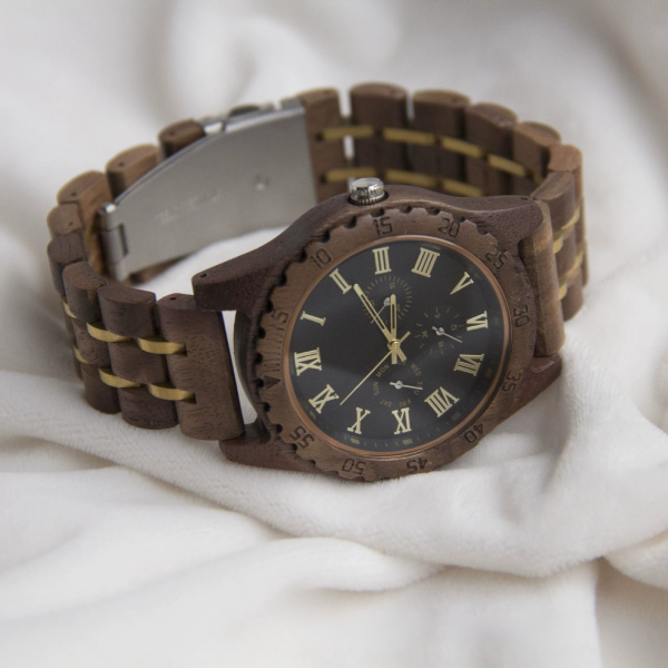 手表7 (5) Men's Solid Walnut Wood & Gold Metal Chronograph Watch with Japanese Miyota Movement