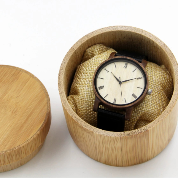 手表盒1 (2) Handcrafted Cylindrical Carbonized Bamboo Watch Box with Soft Pillow