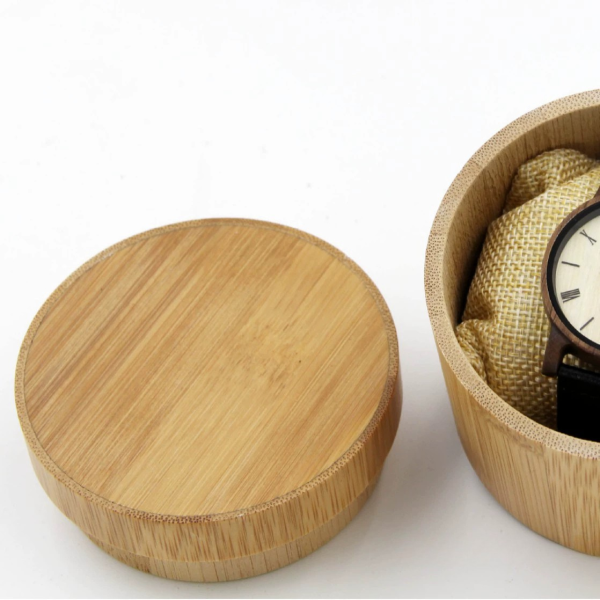 Handcrafted Cylindrical Carbonized Bamboo Watch Box with Soft Pillow
