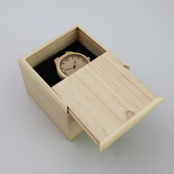 Handcrafted Square Solid Pine Wood Watch Box with Sliding Lid & Soft Pillow