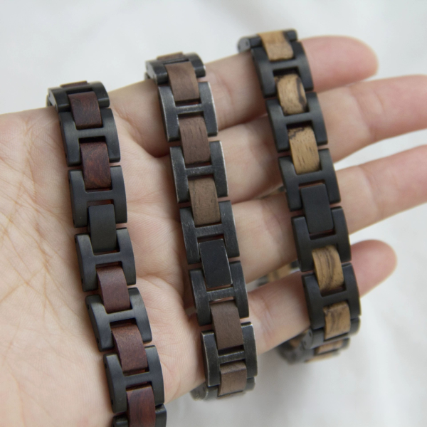 Handcrafted Wood & Black Stainless Steel Bracelet - Walnut, Red Sandalwood & Zebrawood