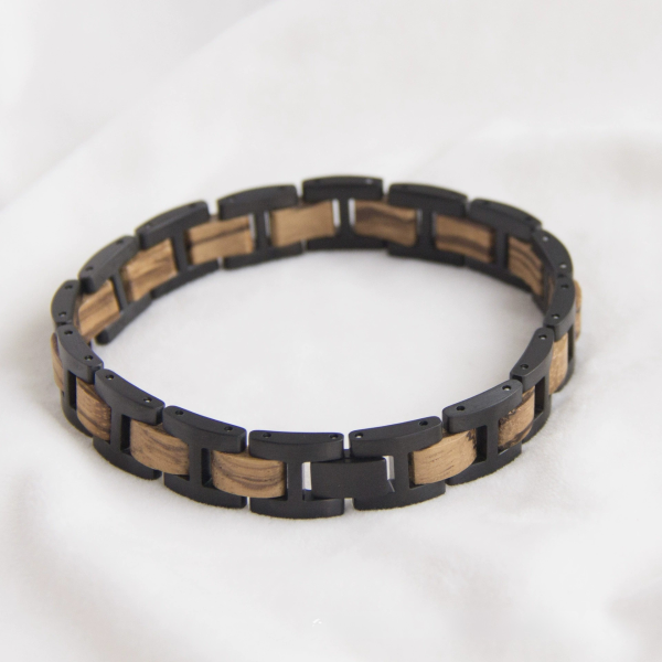 Handcrafted Wood & Black Stainless Steel Bracelet - Walnut, Red Sandalwood & Zebrawood