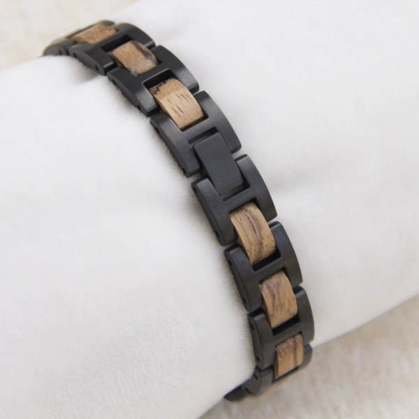 Handcrafted Wood & Black Stainless Steel Bracelet - Walnut, Red Sandalwood & Zebrawood