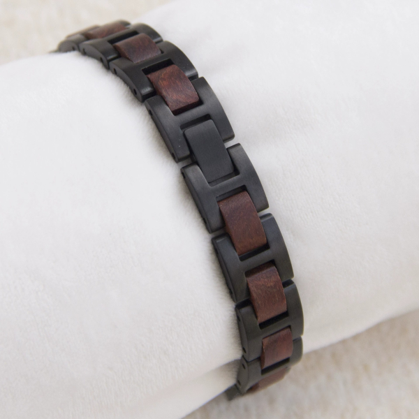 Handcrafted Wood & Black Stainless Steel Bracelet - Walnut, Red Sandalwood & Zebrawood