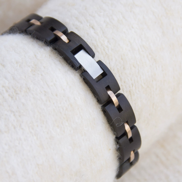 手链5-2 Handcrafted Black Ebony Wood & Vintage Steel Link Bracelet - Unisex Couples Style