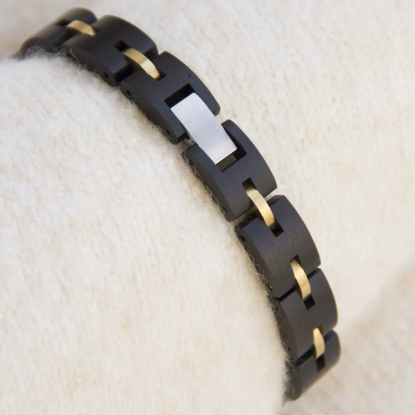 手链5-4 Handcrafted Black Ebony Wood & Vintage Steel Link Bracelet - Unisex Couples Style