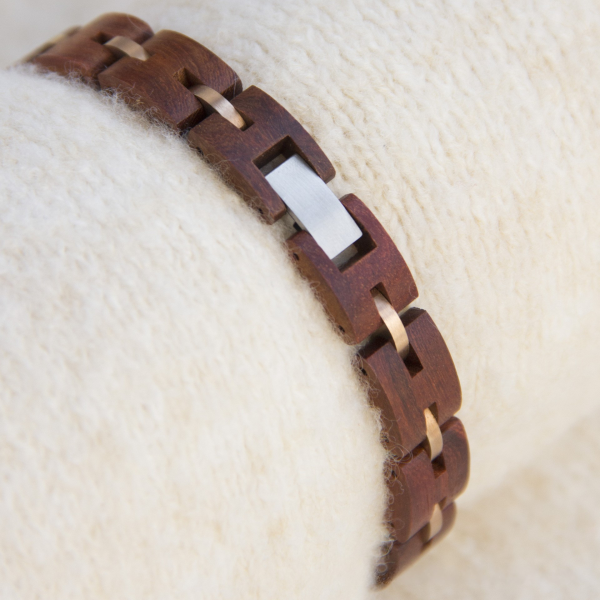 手链8-2 Handcrafted Red Sandalwood & Rose Gold Steel Link Bracelet - Unisex Couples Style