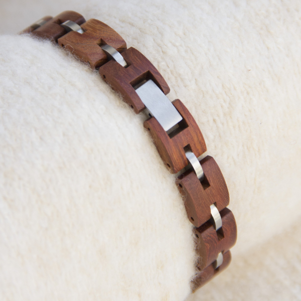 手链8-4 Handcrafted Red Sandalwood & Rose Gold Steel Link Bracelet - Unisex Couples Style