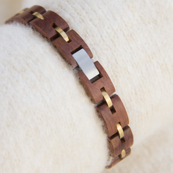 手链8-5 Handcrafted Red Sandalwood & Rose Gold Steel Link Bracelet - Unisex Couples Style