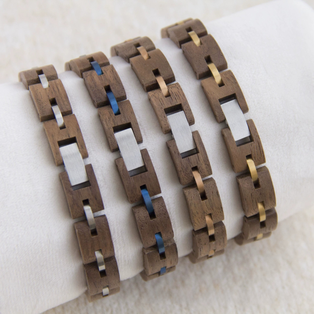 Handcrafted Walnut Wood & Steel Link Bracelet - Unisex Couples Style
