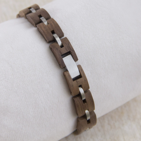 手链9-2 Handcrafted Walnut Wood & Steel Link Bracelet - Unisex Couples Style