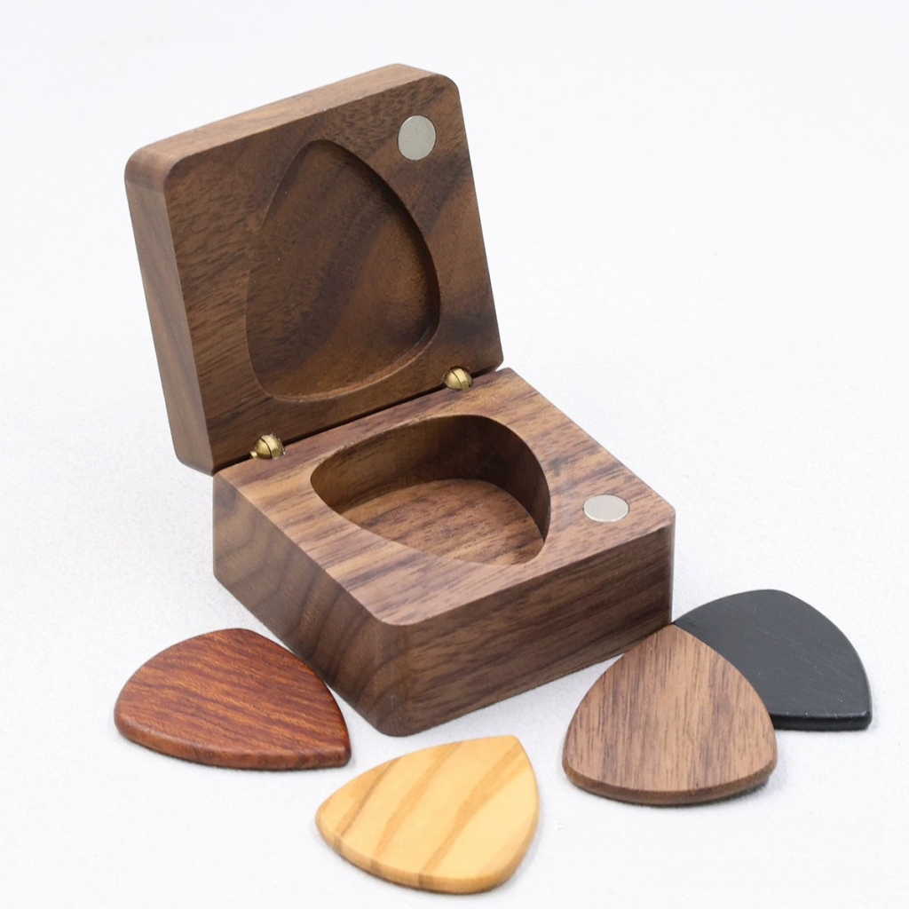 Handcrafted Square Solid Walnut Wood Guitar Pick Box - Holds Up to 4 Picks