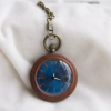 Vintage Walnut Wood Grain Pocket Watch with Blue Dial & Bronze Chain - Quartz Unisex Gift