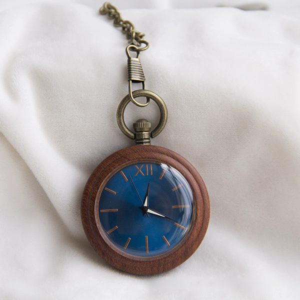 Vintage Walnut Wood Grain Pocket Watch with Blue Dial & Bronze Chain - Quartz Unisex Gift