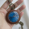Vintage Walnut Wood Grain Pocket Watch with Blue Dial & Bronze Chain - Quartz Unisex Gift
