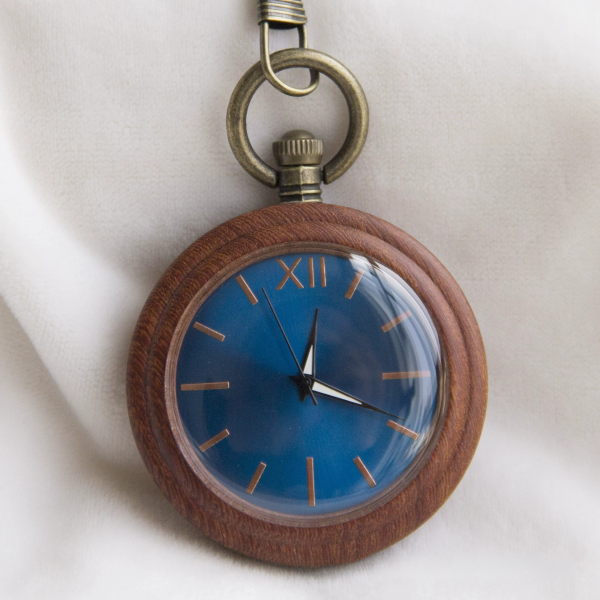 Vintage Walnut Wood Grain Pocket Watch with Blue Dial & Bronze Chain - Quartz Unisex Gift