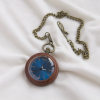 Vintage Walnut Wood Grain Pocket Watch with Blue Dial & Bronze Chain - Quartz Unisex Gift