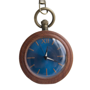 未命名的设计 (4) Vintage Walnut Wood Grain Pocket Watch with Blue Dial & Bronze Chain - Quartz Unisex Gift
