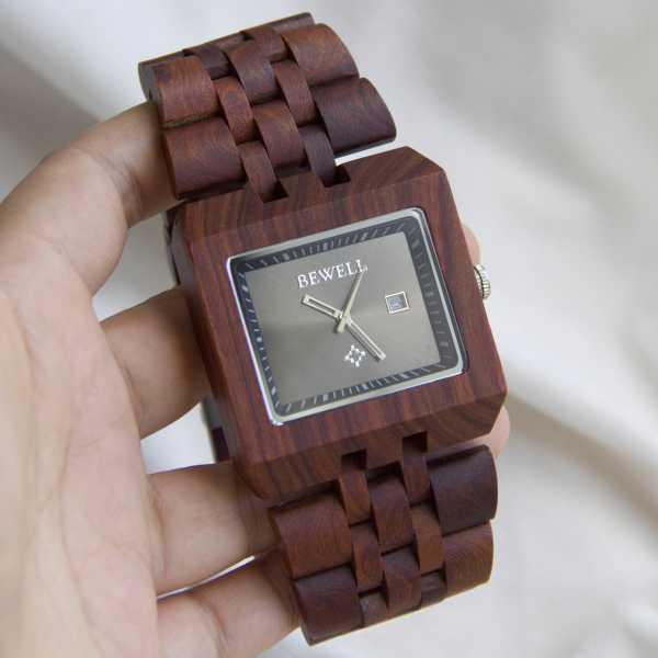 未命名的设计(2) Solid Maple & Sandalwood Square Wooden Watch for Men - Oversized 44mm Dial Quartz Wristwatch