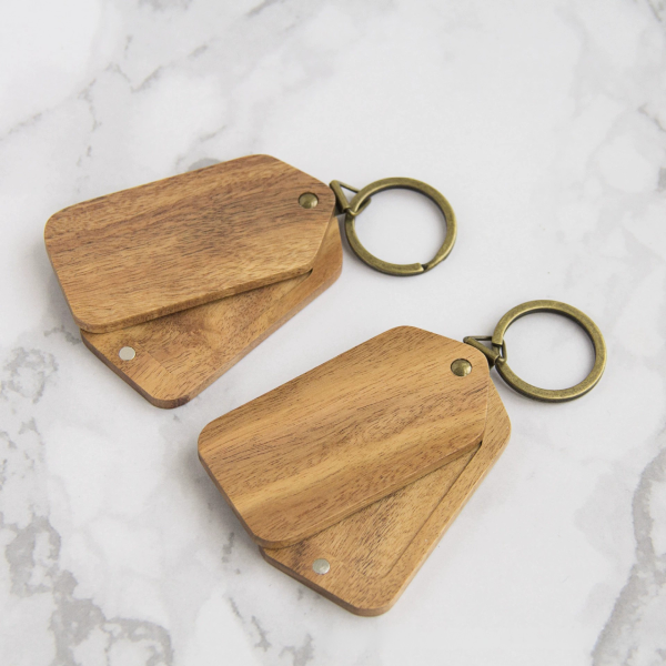 钥匙扣2-2 Handcrafted Magnetic Solid Wood Photo Keychain - Dual-Sided Picture Holder