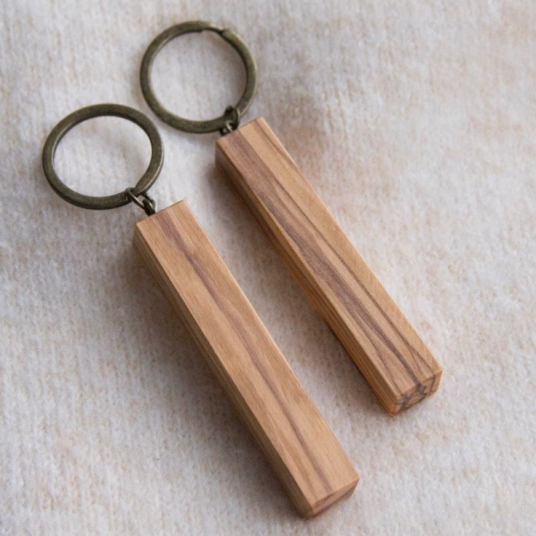 Handcrafted Geometric Solid Wood Block Keychain with Brass Ring - Walnut, Olive & Acacia Wood