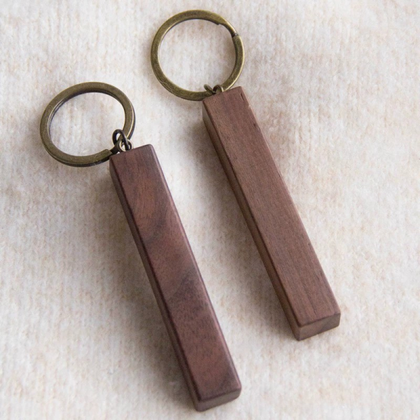 Handcrafted Geometric Solid Wood Block Keychain with Brass Ring - Walnut, Olive & Acacia Wood